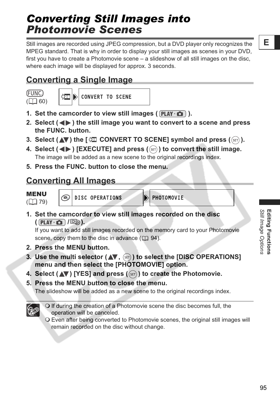Converting still images into photomovie scenes, Converting a single image, Converting all images | Canon DC 40 User Manual | Page 95 / 144