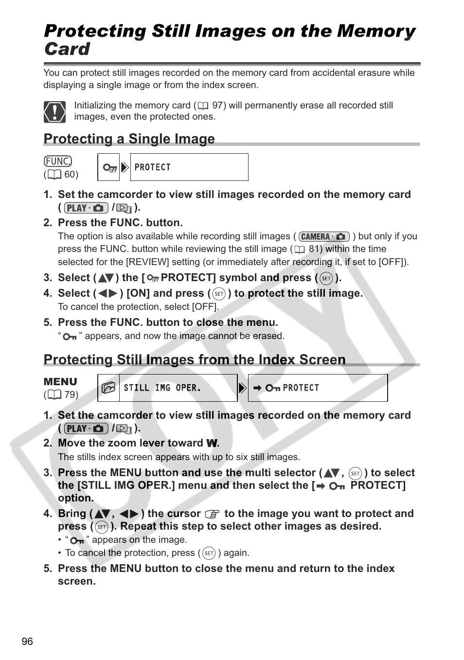 Protecting a single image, Protecting still images from the index screen | Canon DC 40 User Manual | Page 96 / 144