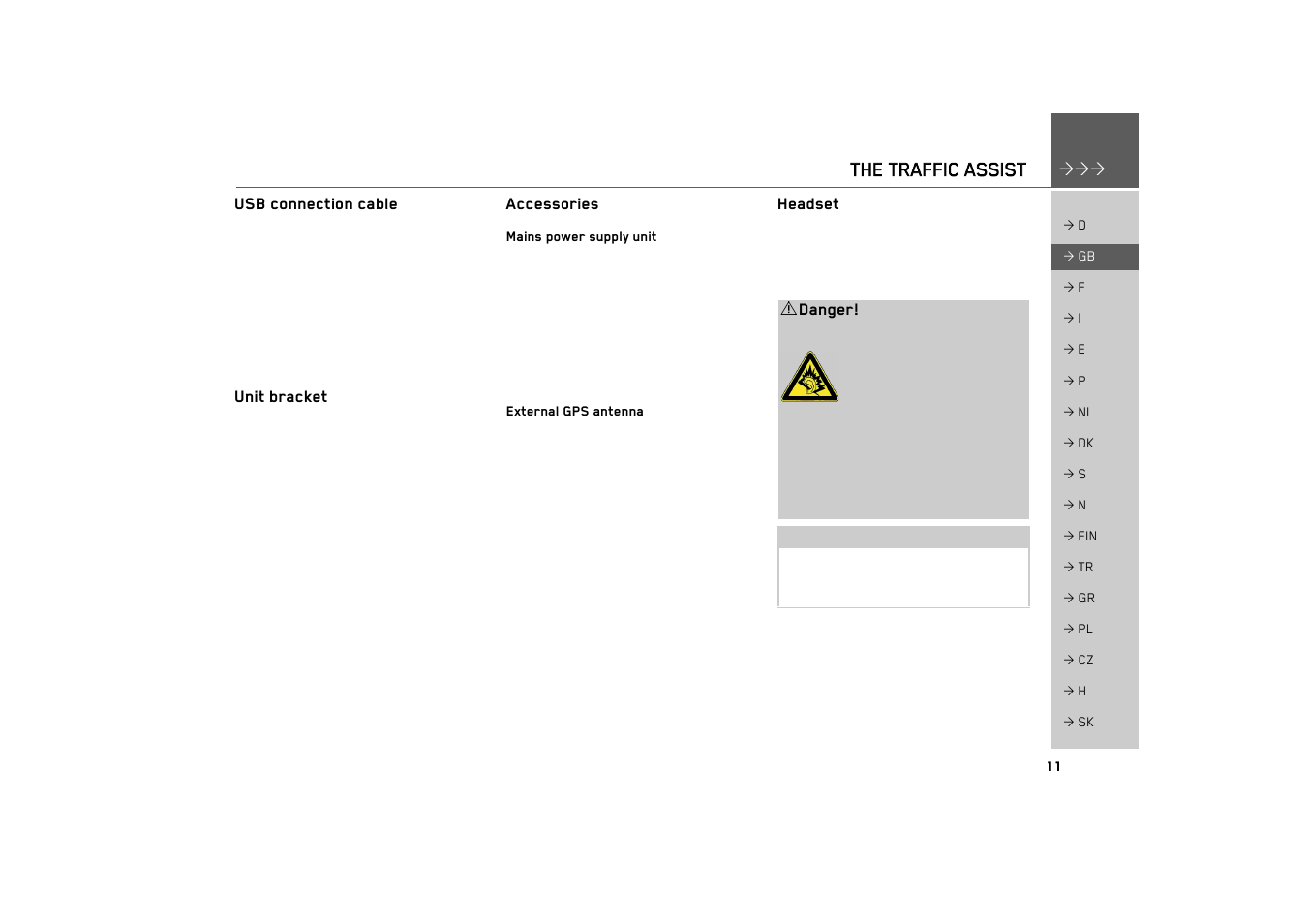 Usb connection cable, Unit bracket, Accessories | Mains power supply unit, External gps antenna, Headset, The traffic assist | Becker TRAFFIC ASSIST 7926 User Manual | Page 11 / 92