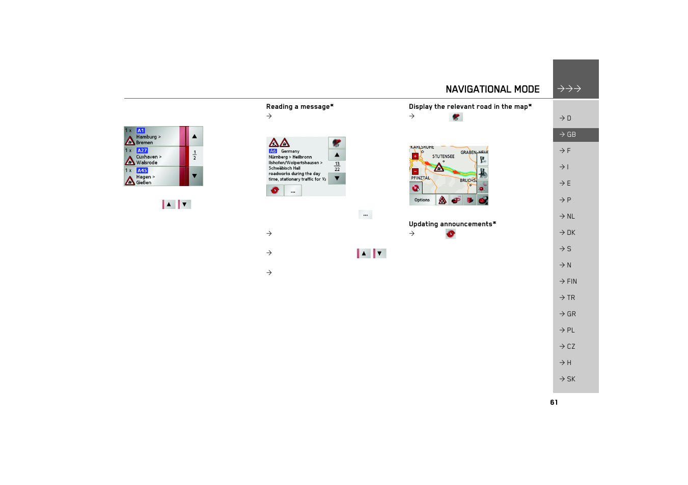 Reading a message, Display the relevant road in the map, Updating announcements | Navigational mode | Becker TRAFFIC ASSIST 7926 User Manual | Page 61 / 92
