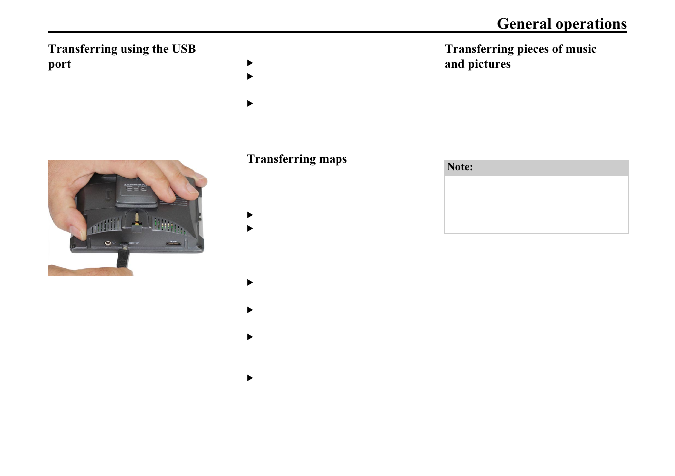 Transferring using the usb port, Transferring maps, Transferring pieces of music and pictures | Hqhudo rshudwlrqv | Becker TRAFFIC ASSIST 7914 User Manual | Page 27 / 74