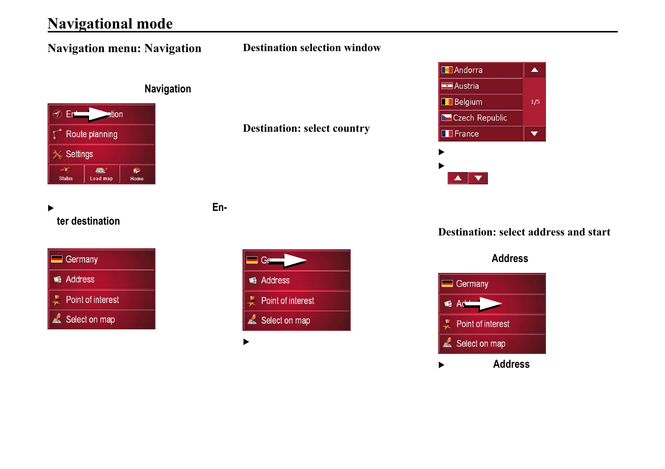 Navigation menu: navigation, Destination selection window, Destination: select country | Destination: select address and start, Hvwlqdwlrq vhohfwlrq zlqgrz, Hvwlqdwlrq vhohfw frxqwu, Hvwlqdwlrq vhohfw dgguhvv, Dqg vwduw, 1dyljdwlrqdo prgh | Becker TRAFFIC ASSIST 7914 User Manual | Page 34 / 74