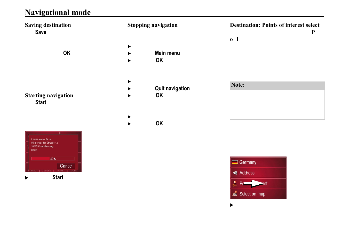 Stopping navigation, Destination: points of interest select, 6wrsslqj qdyljdwlrq | Hvwlqdwlrq 3rlqwv ri lqwhuhvw, Vhohfw, 1dyljdwlrqdo prgh | Becker TRAFFIC ASSIST 7914 User Manual | Page 38 / 74