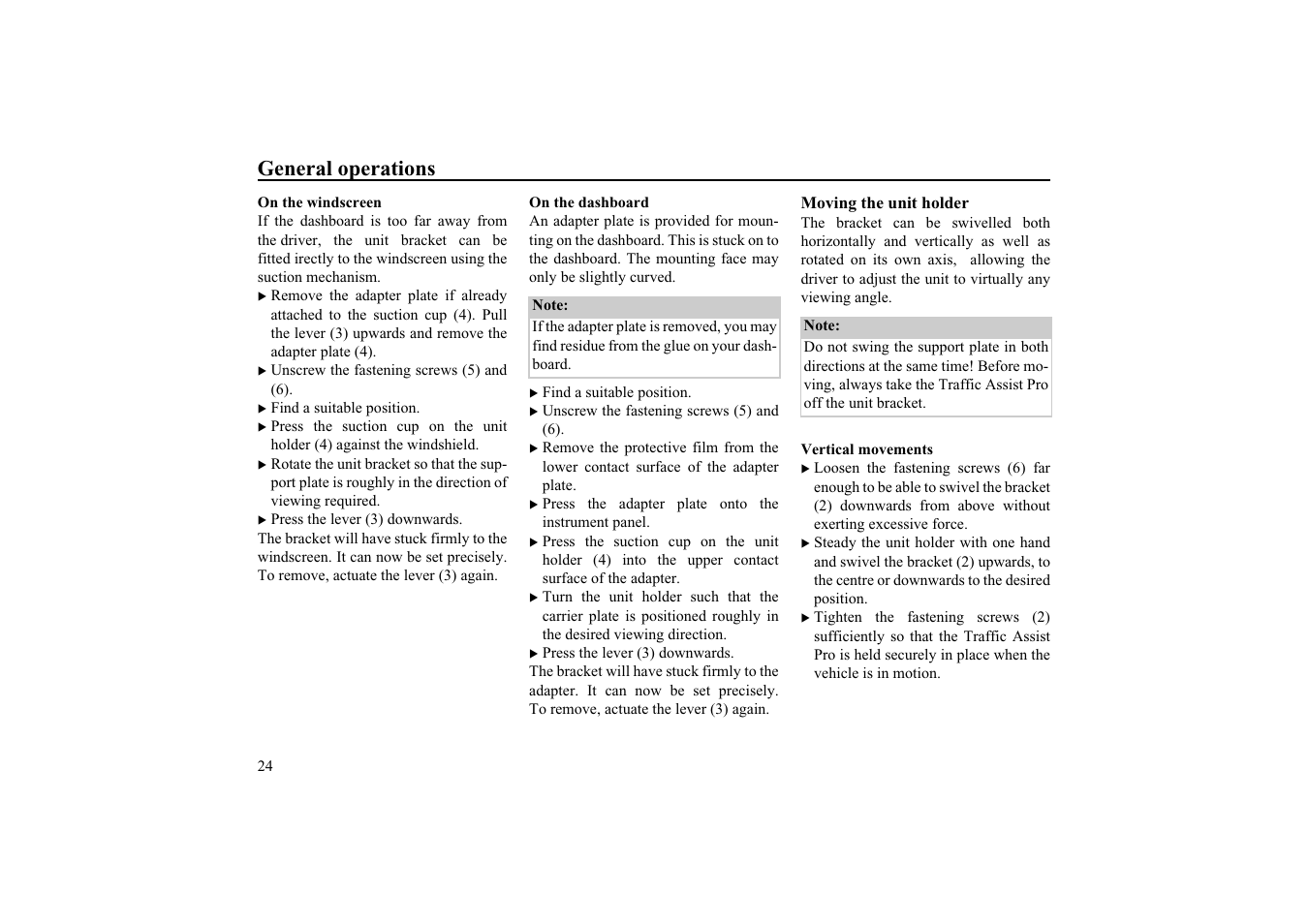 On the windscreen, On the dashboard, Moving the unit holder | Vertical movements, General operations | Becker EDITION TRAFFIC ASSIST PRO 7929 TMC User Manual | Page 24 / 84