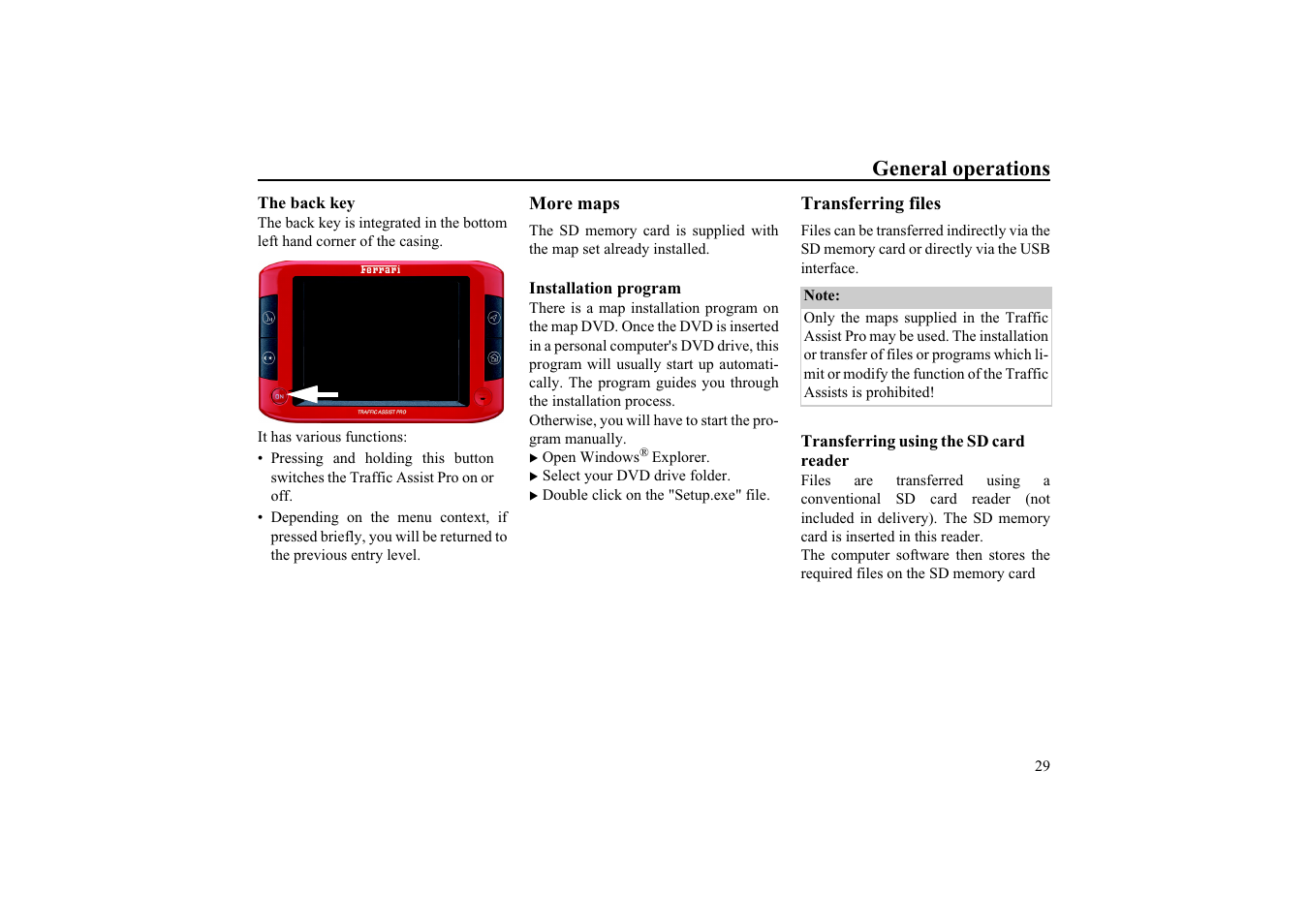 The back key, More maps, Installation program | Transferring files, Transferring using the sd card reader, Transferring using the sd card reader 29, General operations | Becker EDITION TRAFFIC ASSIST PRO 7929 TMC User Manual | Page 29 / 84