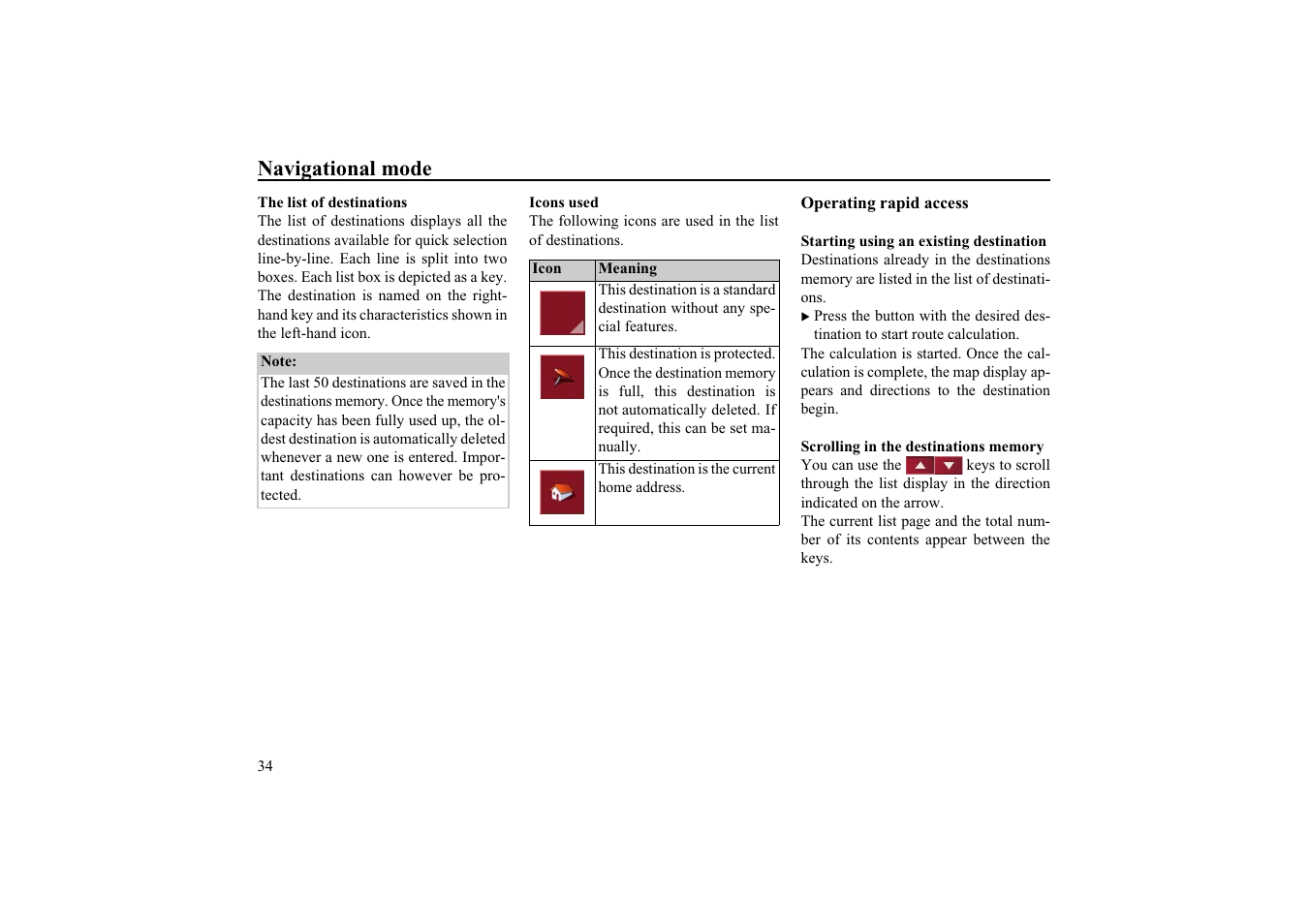 The list of destinations, Icons used, Operating rapid access | Starting using an existing destination, Scrolling in the destinations memory | Becker EDITION TRAFFIC ASSIST PRO 7929 TMC User Manual | Page 34 / 84