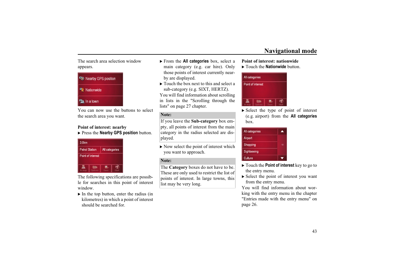 Point of interest: nearby, Point of interest: nationwide, Navigational mode | Becker EDITION TRAFFIC ASSIST PRO 7929 TMC User Manual | Page 43 / 84