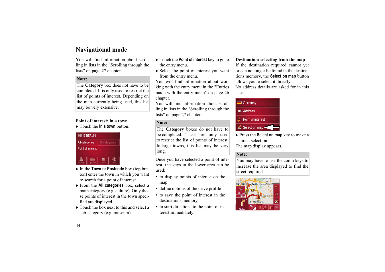 Point of interest: in a town, Destination: selecting from the map, Navigational mode | Becker EDITION TRAFFIC ASSIST PRO 7929 TMC User Manual | Page 44 / 84