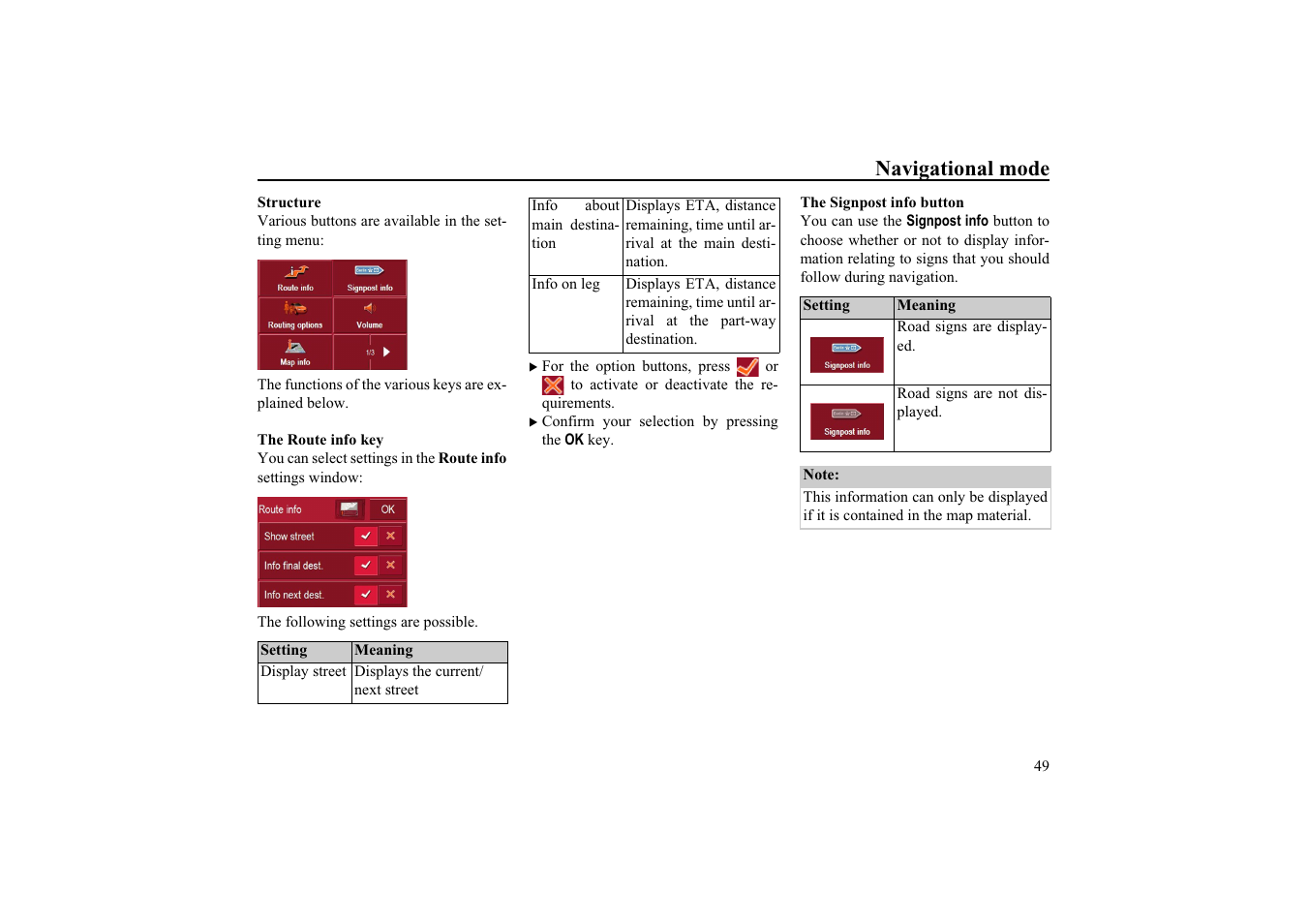 The route info key, The signpost info button, Navigational mode | Becker EDITION TRAFFIC ASSIST PRO 7929 TMC User Manual | Page 49 / 84