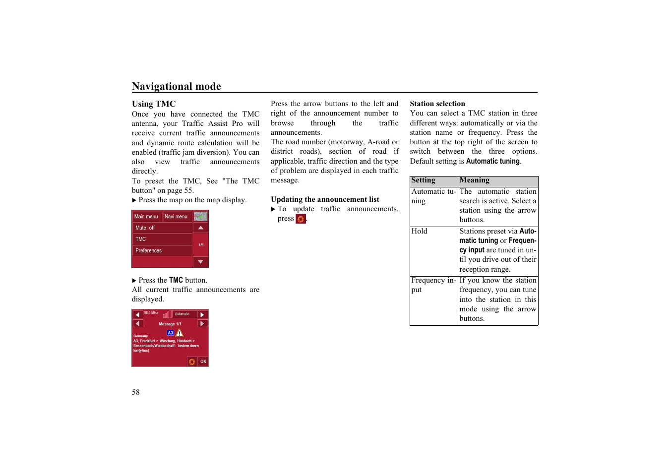 Using tmc, Updating the announcement list, Station selection | Navigational mode | Becker EDITION TRAFFIC ASSIST PRO 7929 TMC User Manual | Page 58 / 84