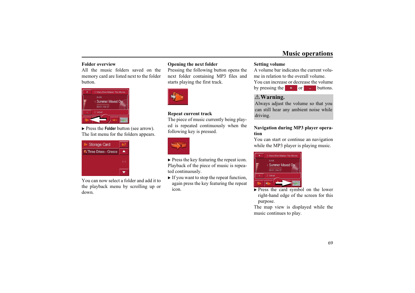 Folder overview, Opening the next folder, Repeat current track | Setting volume, Navigation during mp3 player operation, Music operations | Becker EDITION TRAFFIC ASSIST PRO 7929 TMC User Manual | Page 69 / 84