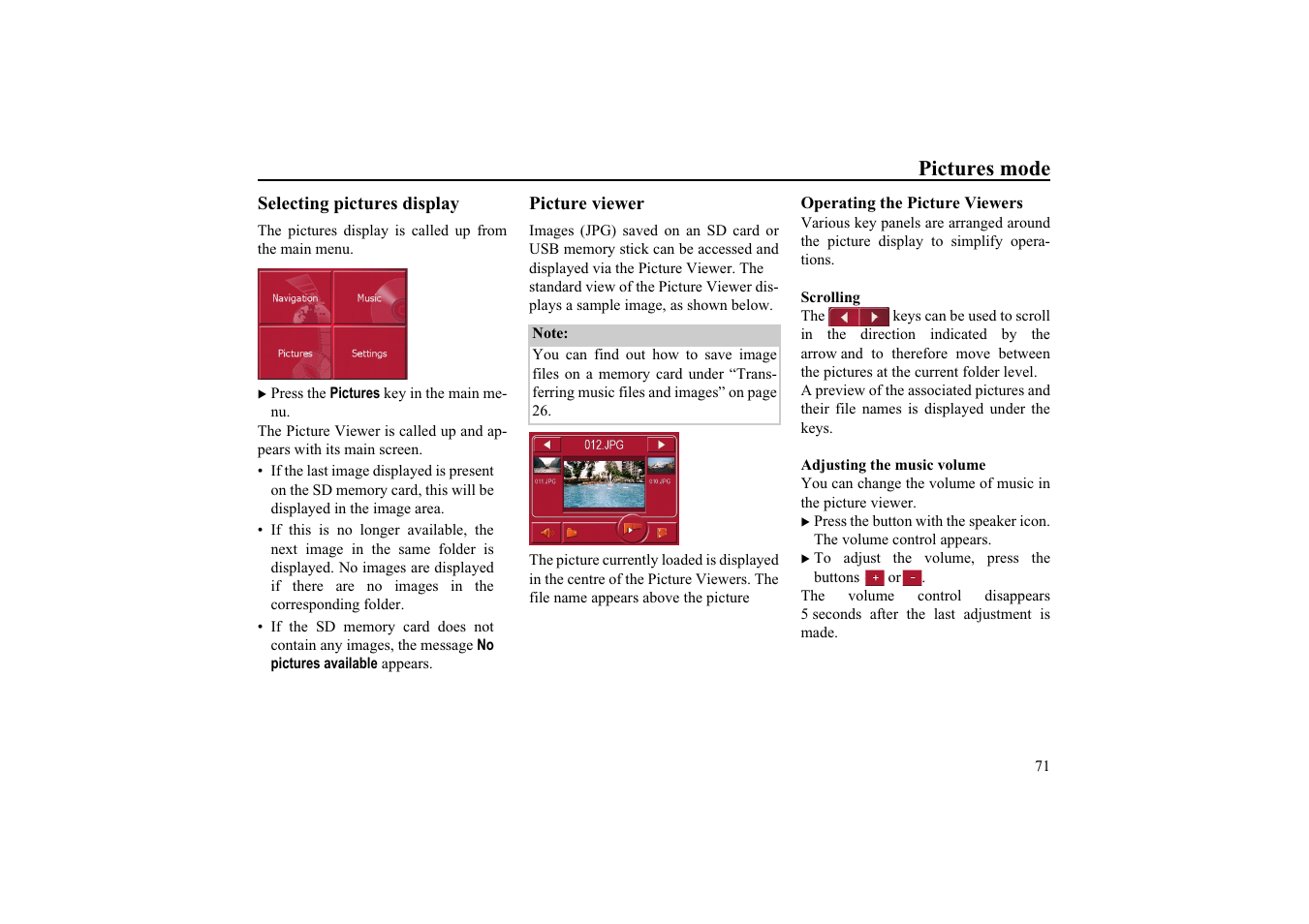 Pictures mode, Selecting pictures display, Picture viewer | Operating the picture viewers, Scrolling, Adjusting the music volume | Becker EDITION TRAFFIC ASSIST PRO 7929 TMC User Manual | Page 71 / 84