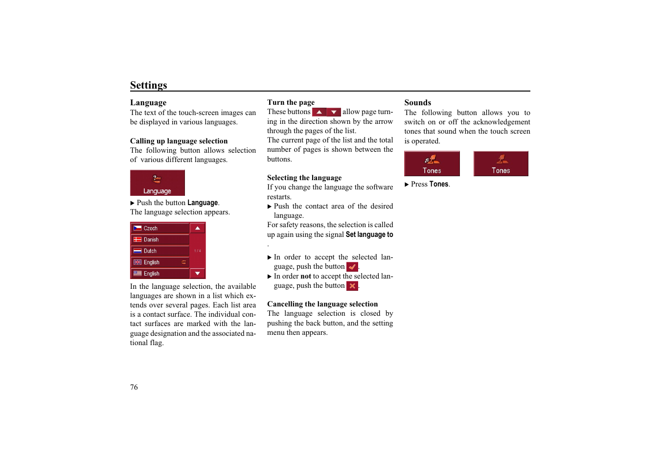 Language, Calling up language selection, Selecting the language | Cancelling the language selection, Sounds, Settings | Becker EDITION TRAFFIC ASSIST PRO 7929 TMC User Manual | Page 76 / 84