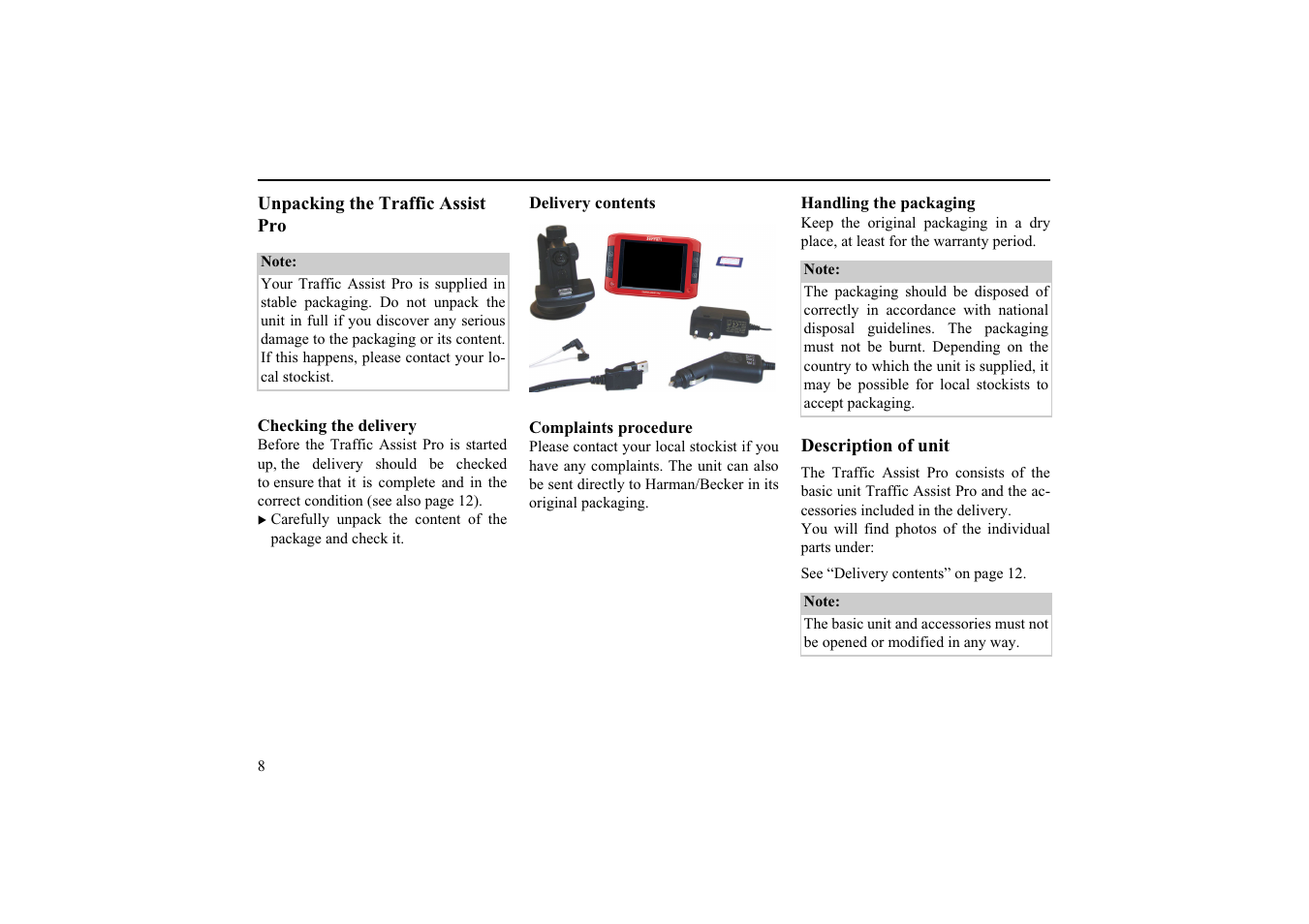 Unpacking the traffic assist pro, Checking the delivery, Delivery contents | Complaints procedure, Handling the packaging, Description of unit | Becker EDITION TRAFFIC ASSIST PRO 7929 TMC User Manual | Page 8 / 84