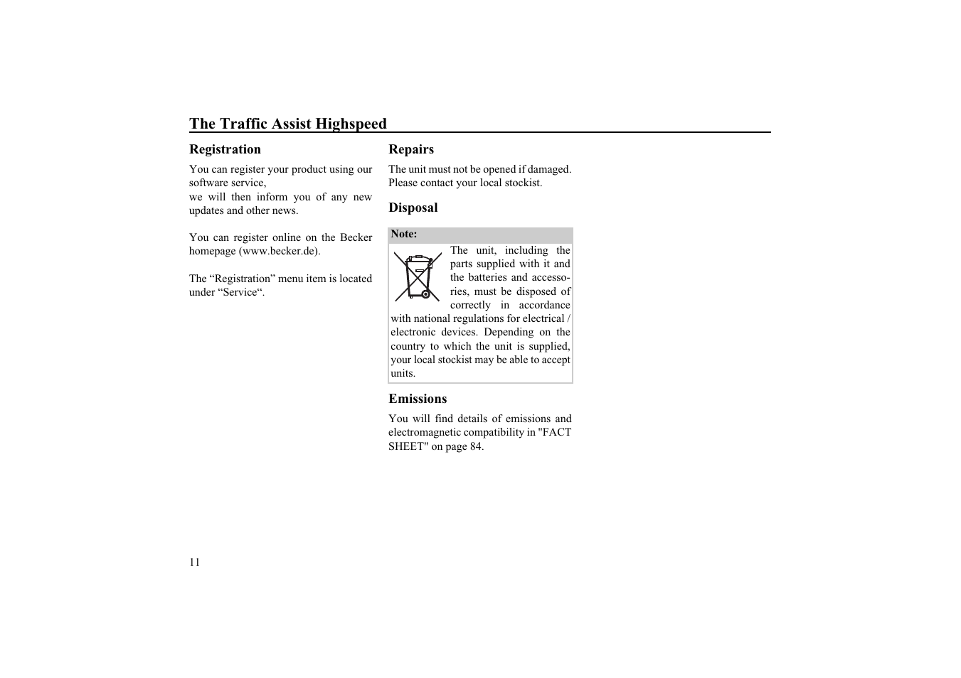 Registration, Repairs, Disposal | Emissions | Becker TRAFFIC ASSIST HIGHSPEED 7934 User Manual | Page 12 / 85