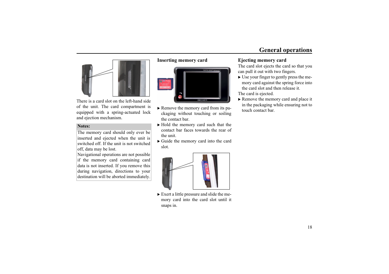 Inserting memory card, Ejecting memory card, General operations | Becker TRAFFIC ASSIST HIGHSPEED 7934 User Manual | Page 19 / 85