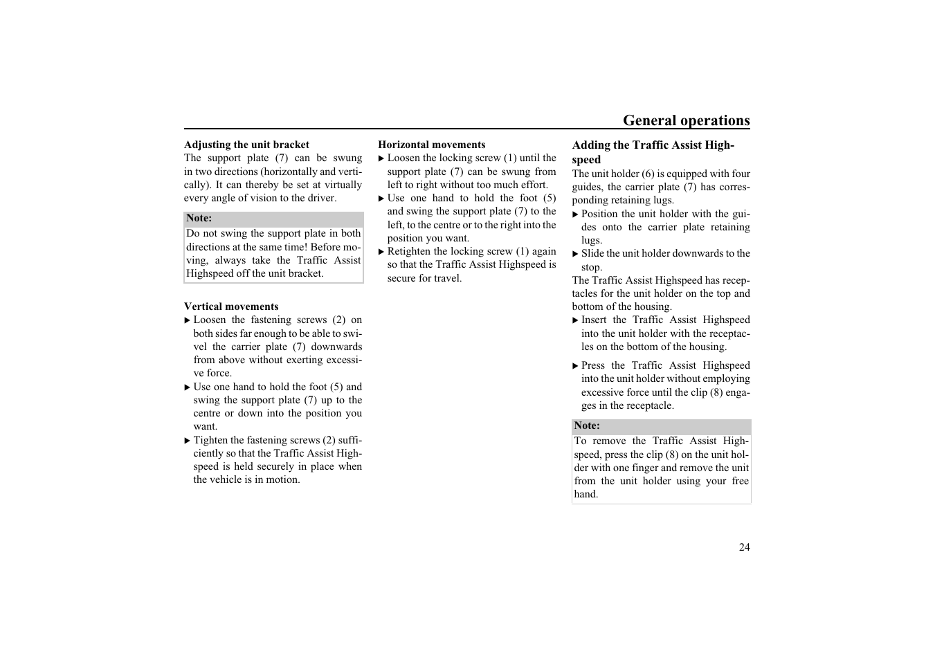 Adjusting the unit bracket, Vertical movements, Horizontal movements | Adding the traffic assist highspeed, General operations | Becker TRAFFIC ASSIST HIGHSPEED 7934 User Manual | Page 25 / 85