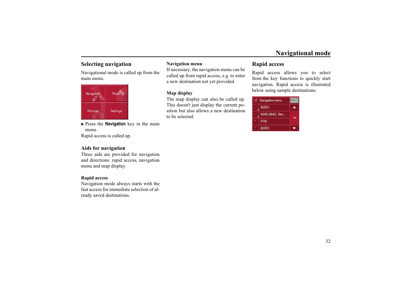 Selecting navigation, Aids for navigation, Rapid access | Navigation menu, Map display, Navigational mode | Becker TRAFFIC ASSIST HIGHSPEED 7934 User Manual | Page 33 / 85