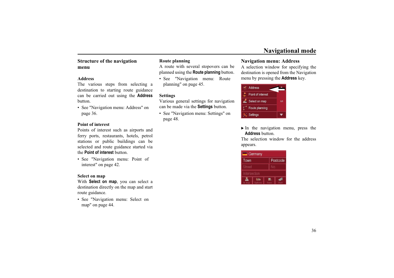 Structure of the navigation menu, Address, Point of interest | Select on map, Route planning, Settings, Navigation menu: address, Navigational mode | Becker TRAFFIC ASSIST HIGHSPEED 7934 User Manual | Page 37 / 85