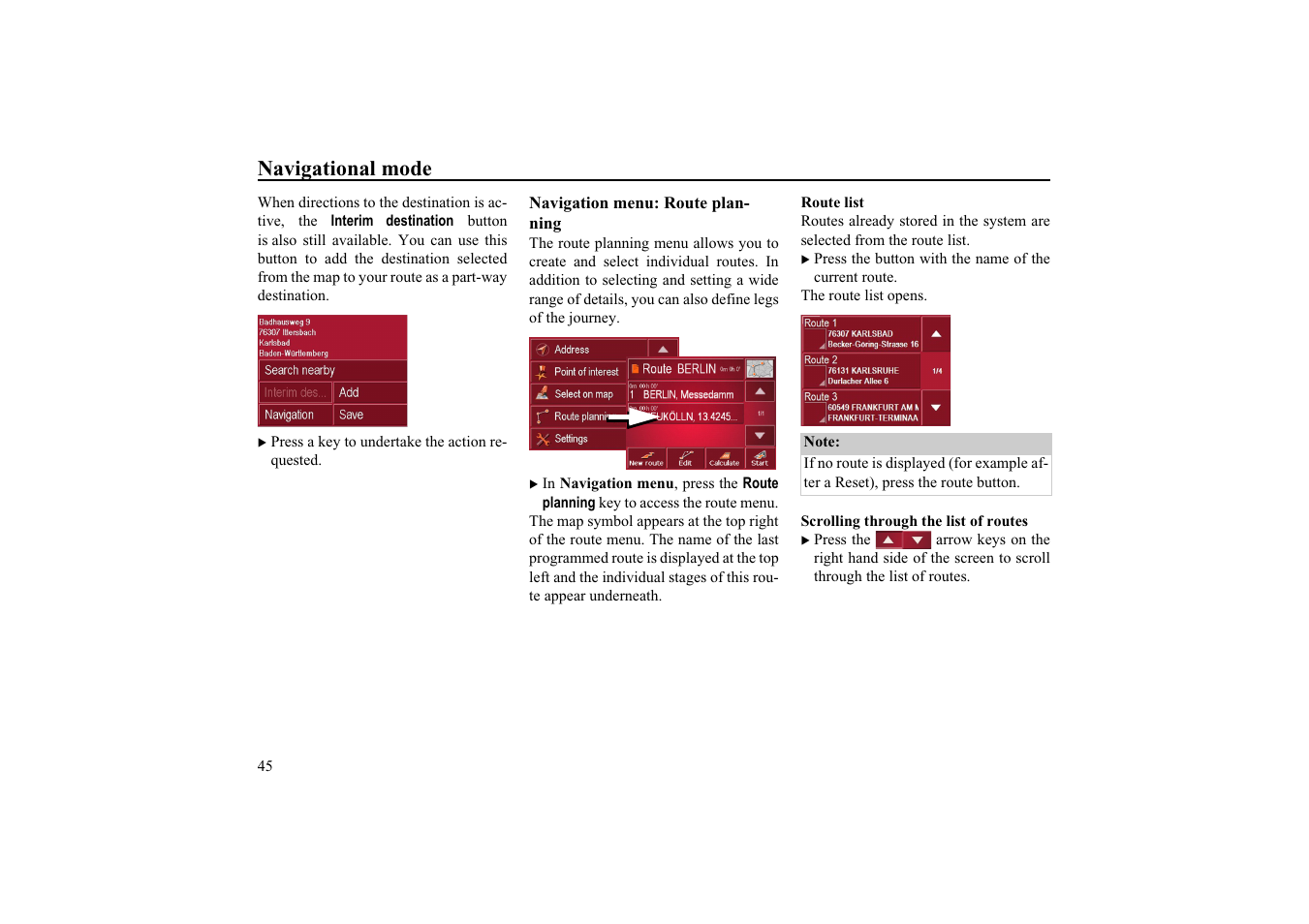 Navigation menu: route planning, Route list, Scrolling through the list of routes | See "navigation menu: route, Navigational mode | Becker TRAFFIC ASSIST HIGHSPEED 7934 User Manual | Page 46 / 85