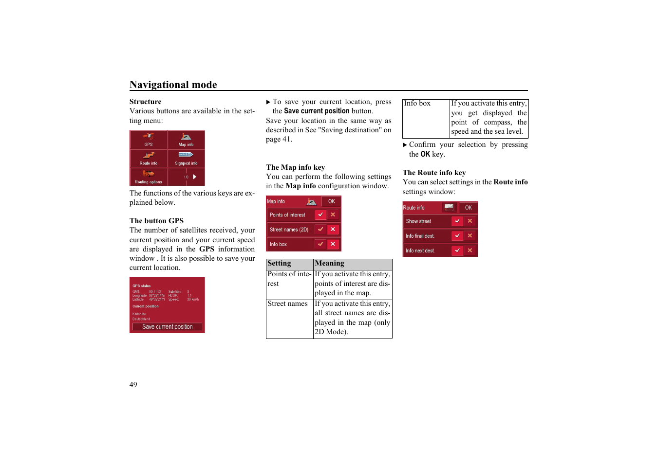 The button gps, The map info key, The route info key | Navigational mode | Becker TRAFFIC ASSIST HIGHSPEED 7934 User Manual | Page 50 / 85