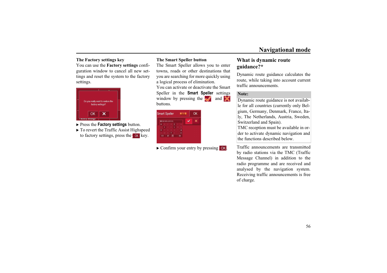 The factory settings key, The smart speller button, What is dynamic route guidance | Navigational mode | Becker TRAFFIC ASSIST HIGHSPEED 7934 User Manual | Page 57 / 85