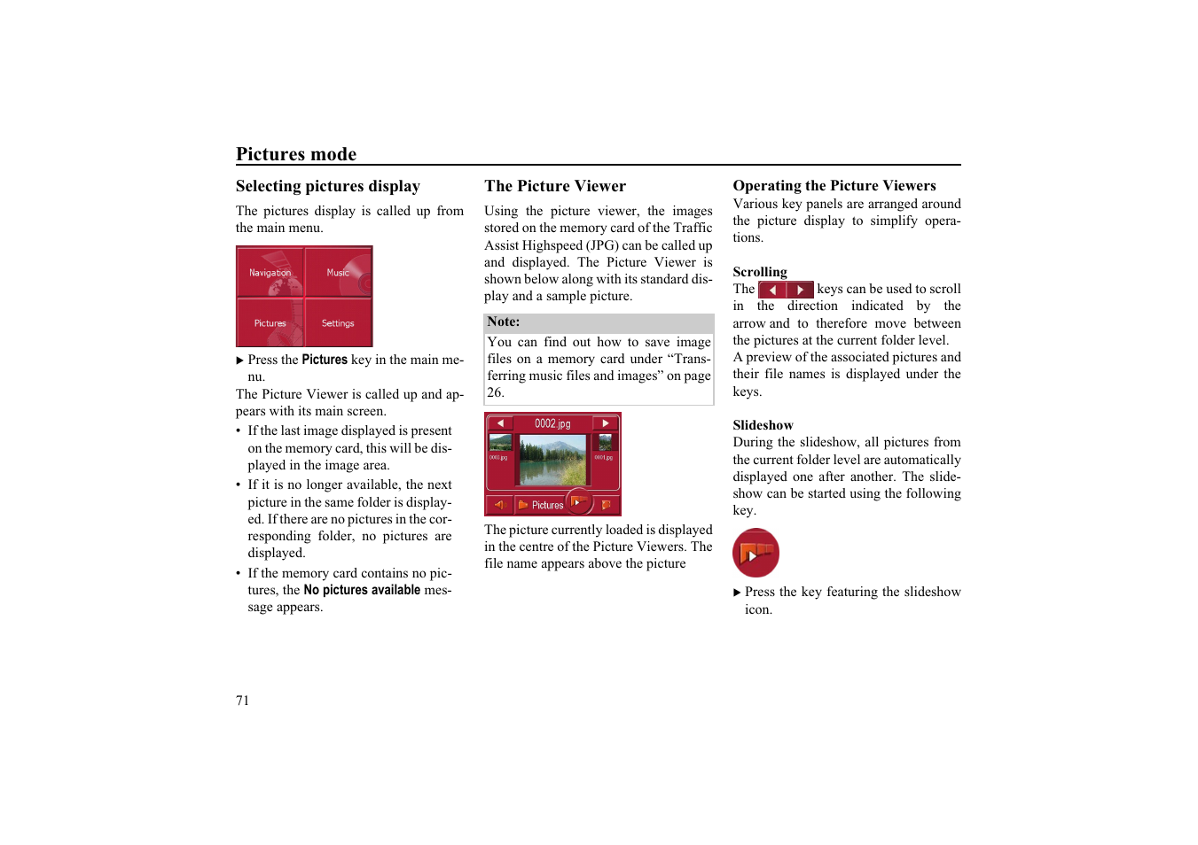 Pictures mode, Selecting pictures display, The picture viewer | Operating the picture viewers, Scrolling, Slideshow | Becker TRAFFIC ASSIST HIGHSPEED 7934 User Manual | Page 72 / 85