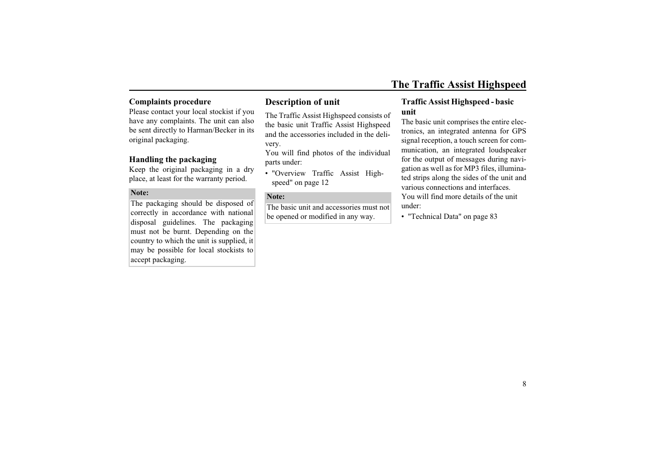 Complaints procedure, Handling the packaging, Description of unit | Traffic assist highspeed - basic unit, The traffic assist highspeed | Becker TRAFFIC ASSIST HIGHSPEED 7934 User Manual | Page 9 / 85