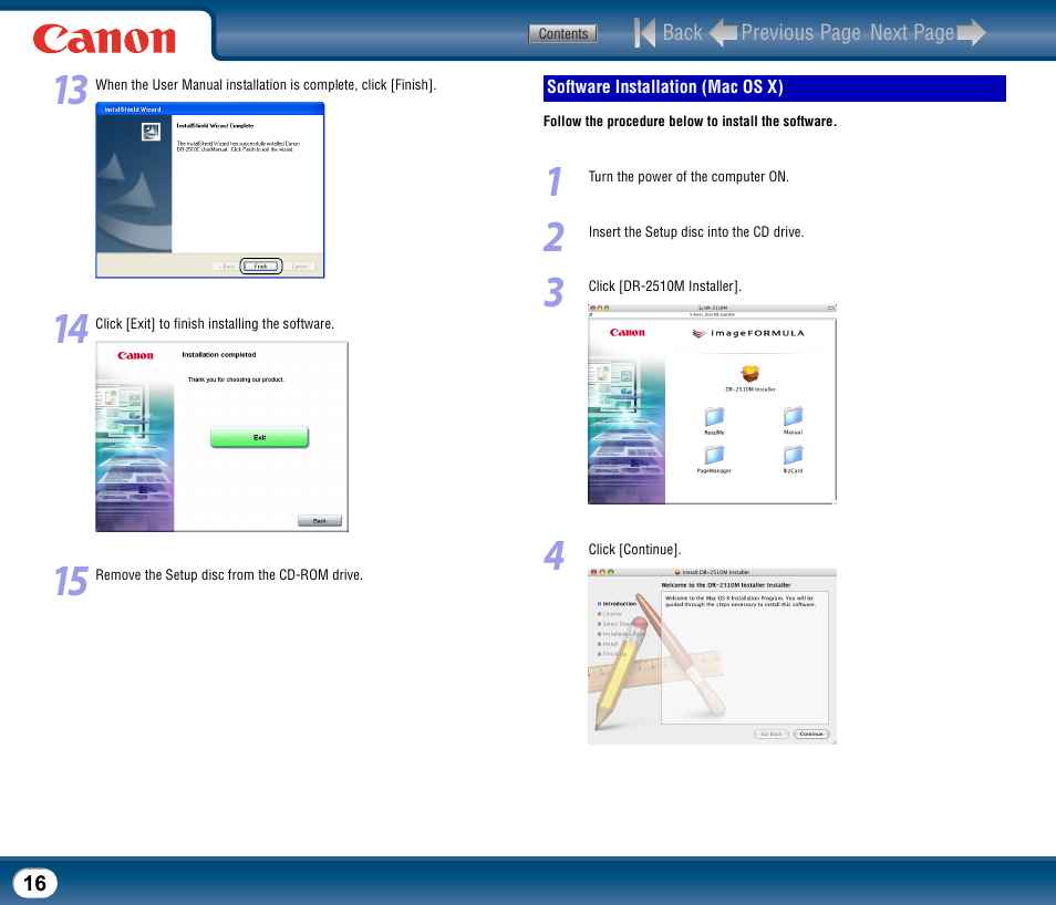 Software installation (mac os x) | Canon DR-2510M User Manual | Page 16 / 118
