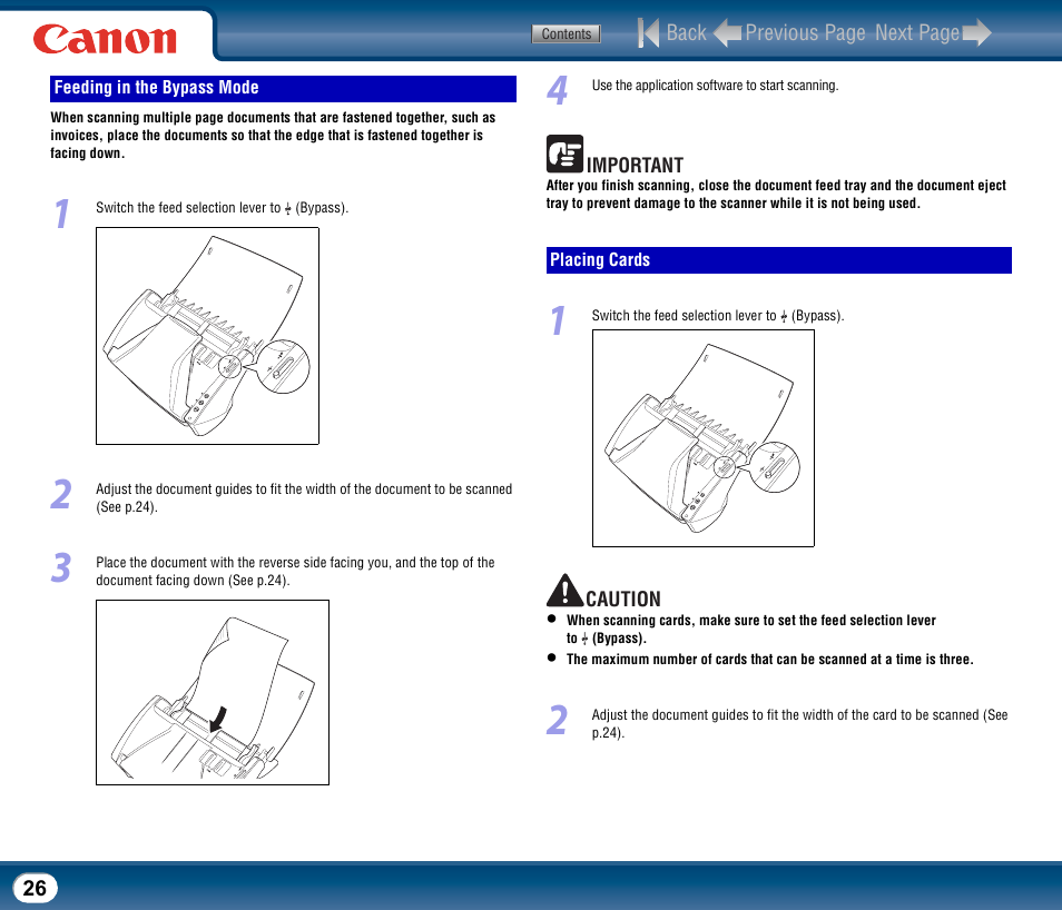 Feeding in the bypass mode, Placing cards, Feeding in the bypass mode placing cards | See p.26) | Canon DR-2510M User Manual | Page 26 / 118