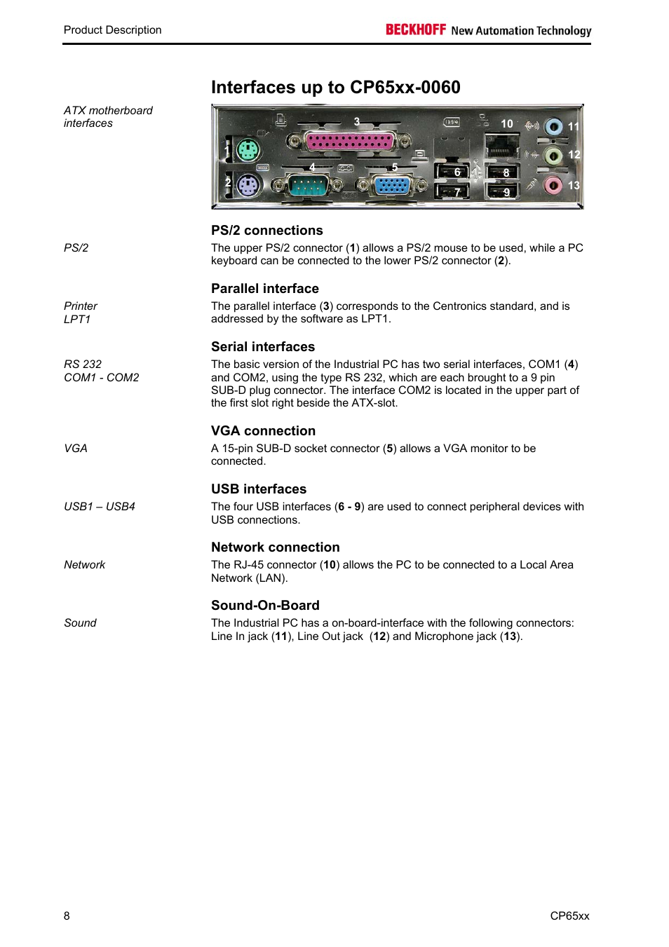 Interfaces up to cp65xx-0060, Ps/2 connections, Parallel interface | Serial interfaces, Vga connection, Usb interfaces, Network connection, Sound-on-board, Sound-on-board 8 | BECKHOFF CP65xx User Manual | Page 10 / 27