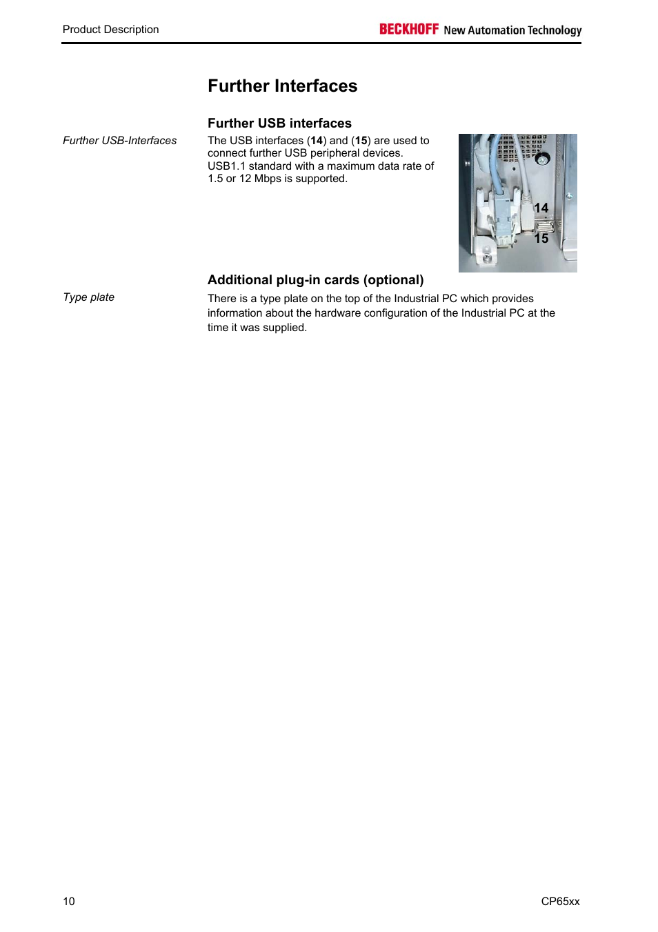 Further interfaces, Further usb interfaces, Additional plug-in cards (optional) | BECKHOFF CP65xx User Manual | Page 12 / 27