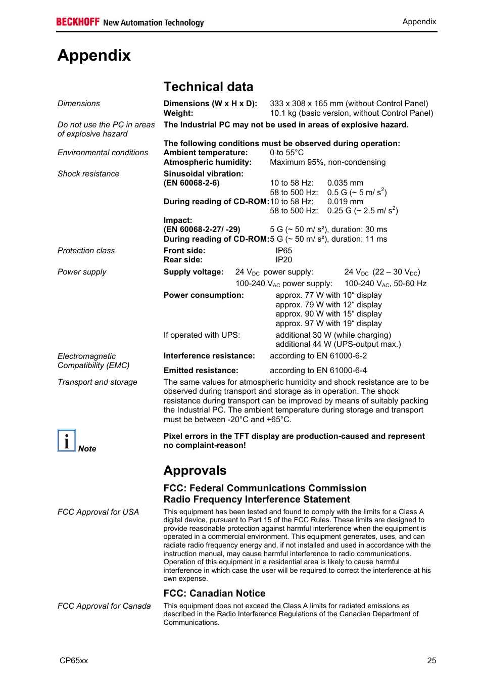 Appendix, Technical data, Approvals | Fcc: canadian notice, Appendix 25, Approvals 25, Must be observed (see chapter, Technical, Data | BECKHOFF CP65xx User Manual | Page 27 / 27