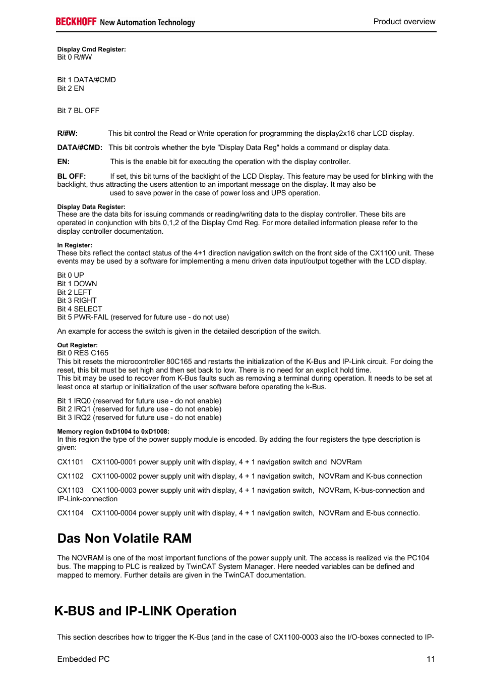 Das non volatile ram, K-bus and ip-link operation | BECKHOFF CX1100-000x User Manual | Page 13 / 66