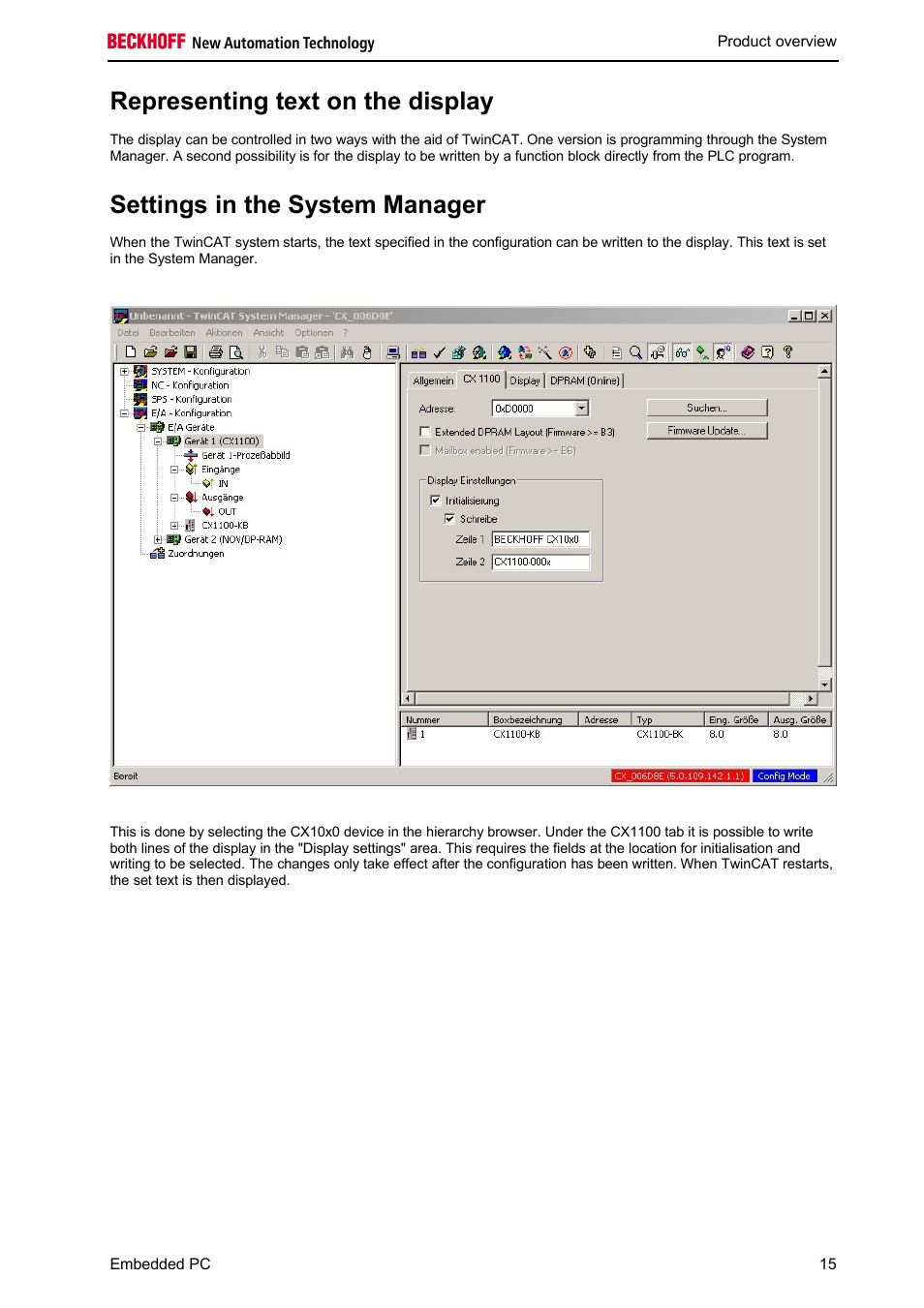 Representing text on the display, Settings in the system manager | BECKHOFF CX1100-000x User Manual | Page 17 / 66