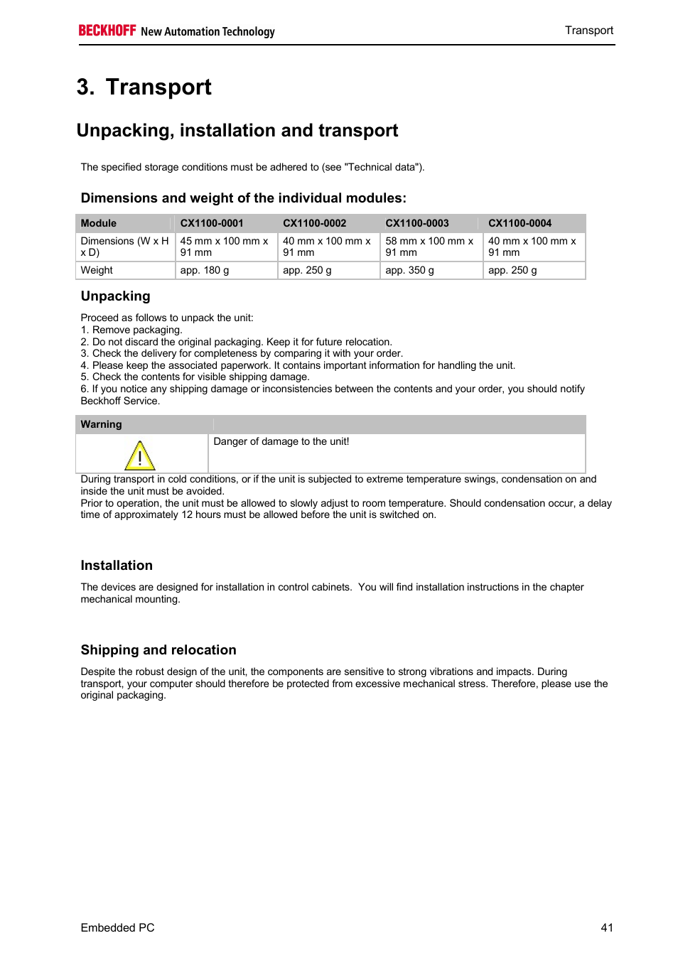 Transport, Unpacking, installation and transport | BECKHOFF CX1100-000x User Manual | Page 43 / 66