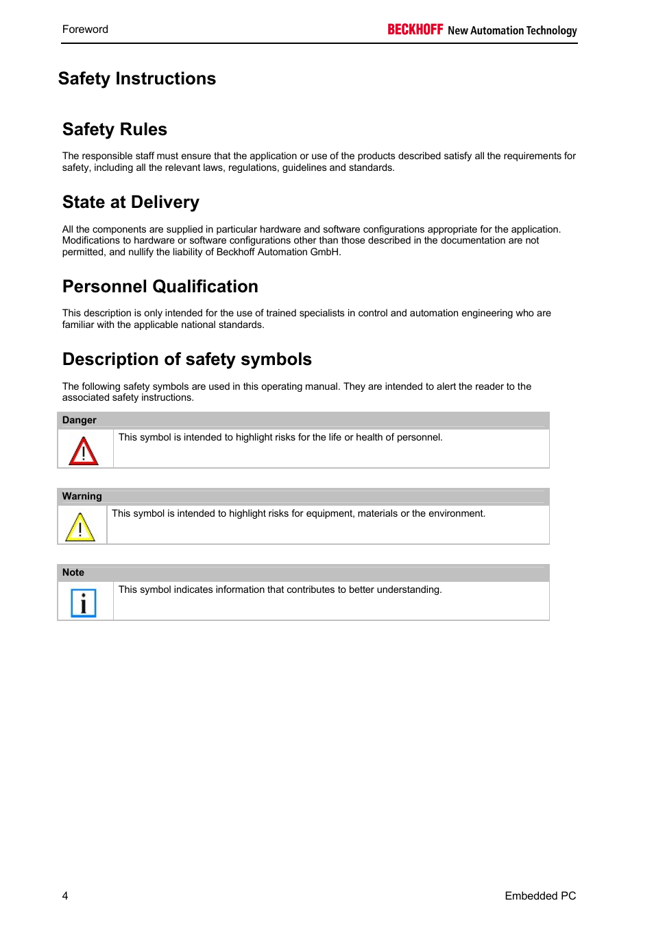 Safety instructions safety rules, State at delivery, Personnel qualification | Description of safety symbols | BECKHOFF CX1100-000x User Manual | Page 6 / 66