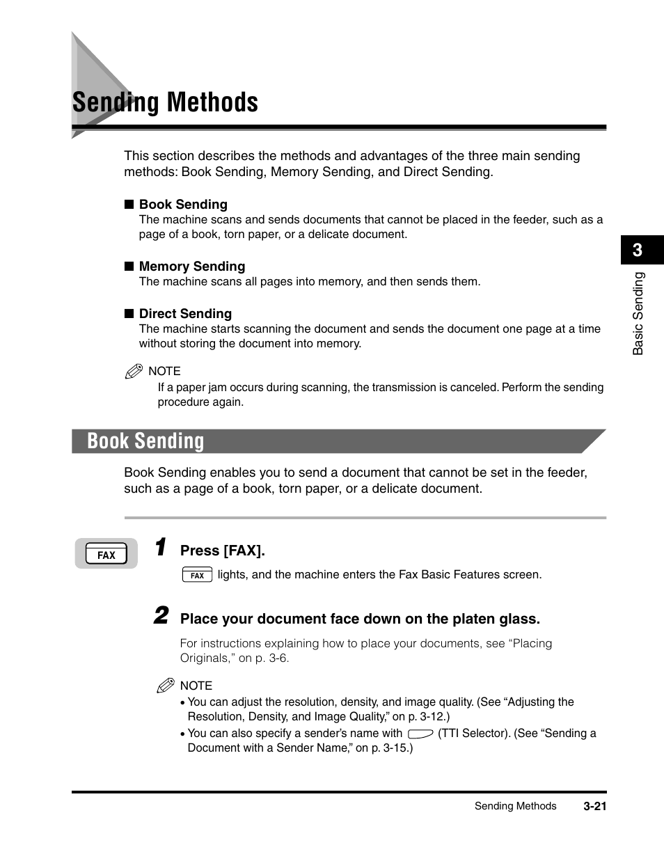 Sending methods, Book sending, Sending methods -21 | Book sending -21, See “sending methods,” on p. 3-21.), And “sending methods,” on p. 3-21 | Canon IMAGERUNNER 2010F User Manual | Page 104 / 382