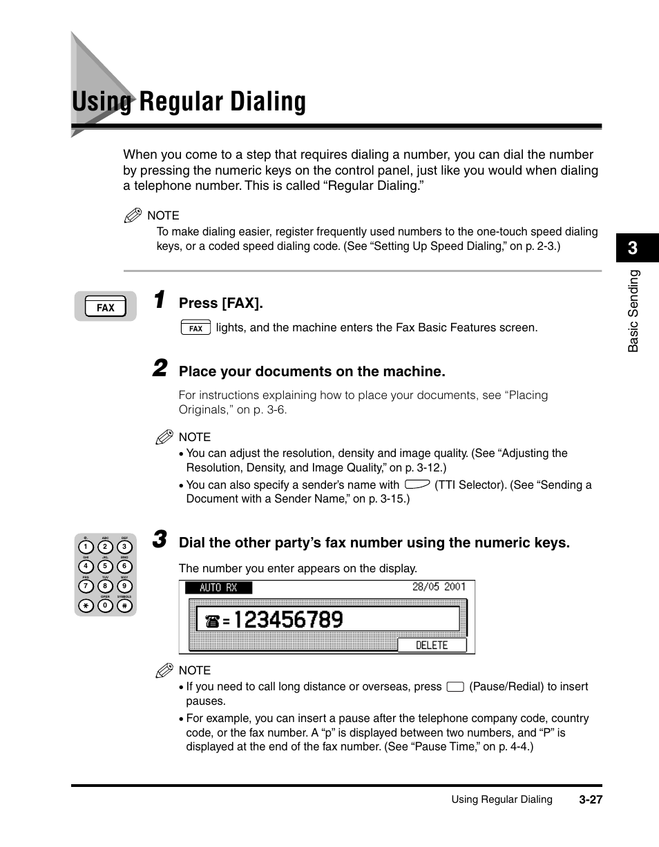 Using regular dialing, Using regular dialing -27, Press [fax | Place your documents on the machine, Basic sending | Canon IMAGERUNNER 2010F User Manual | Page 110 / 382