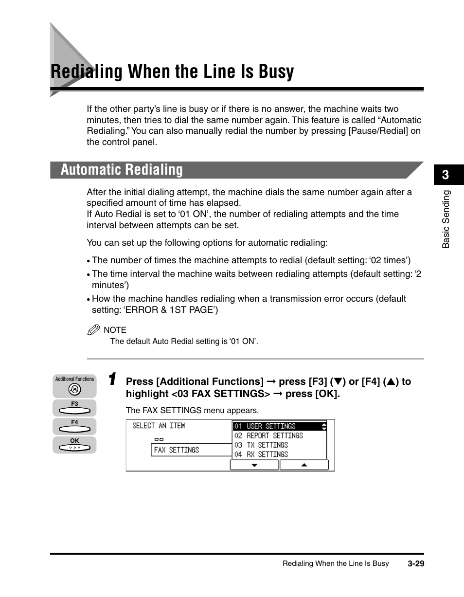 Redialing when the line is busy, Automatic redialing, Redialing when the line is busy -29 | Automatic redialing -29, When the line is busy,” on p. 3-29.) | Canon IMAGERUNNER 2010F User Manual | Page 112 / 382