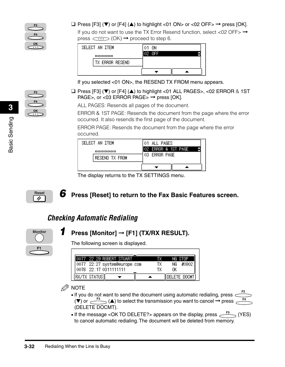 Checking automatic redialing -32, Checking automatic redialing, Press [monitor] ➞ [f1] (tx/rx result) | Canon IMAGERUNNER 2010F User Manual | Page 115 / 382