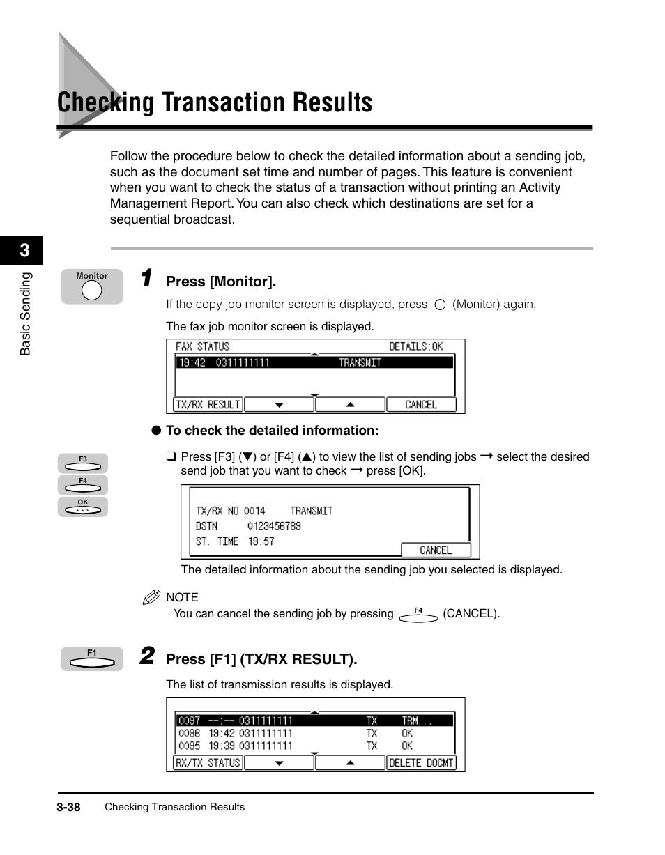 Checking transaction results, Checking transaction results -38, King transaction results,” on p | King transaction results,” on p. 3-38, or “chec | Canon IMAGERUNNER 2010F User Manual | Page 121 / 382