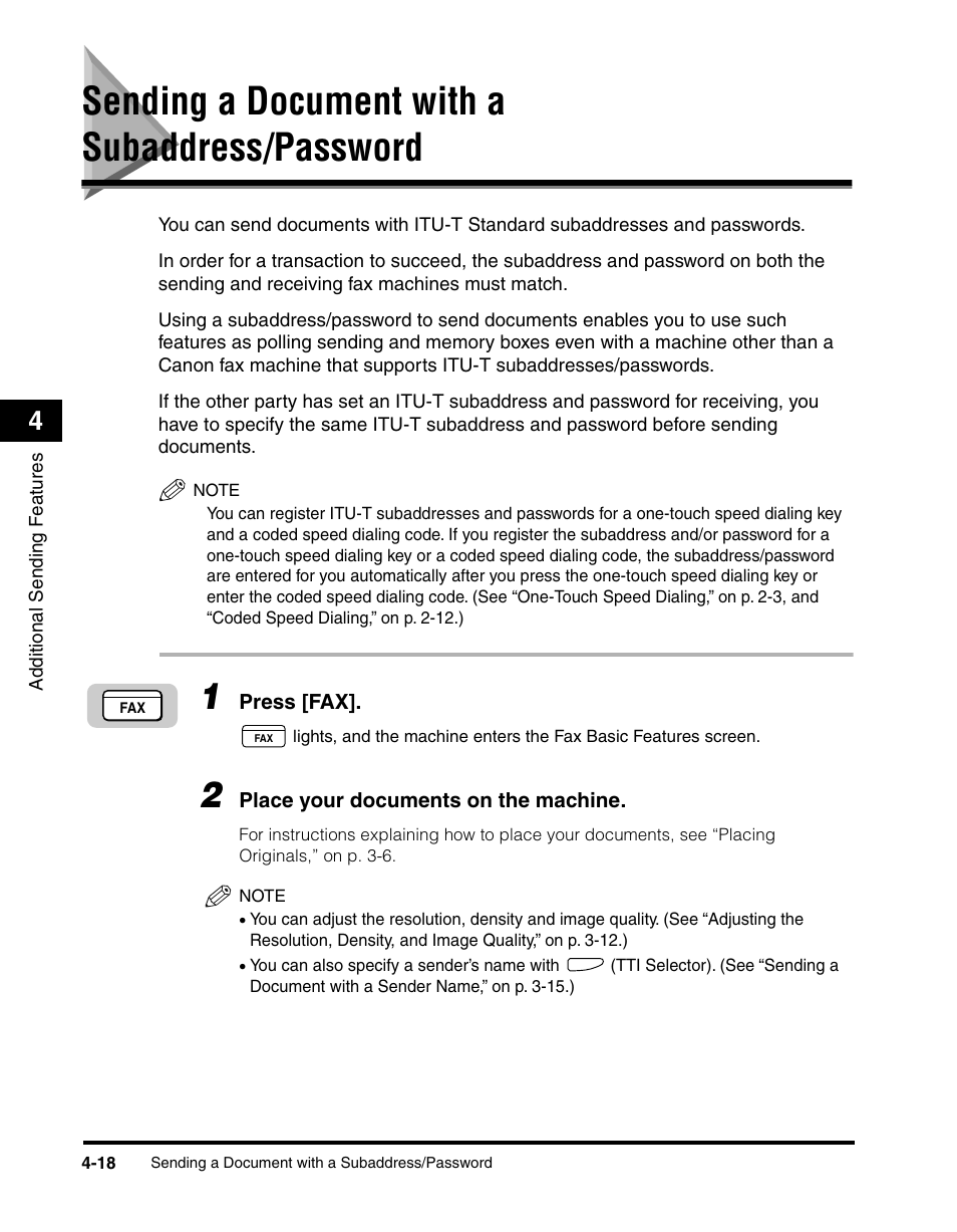 Sending a document with a subaddress/password, Sending a document with a subaddress/password -18, See “sending a | Document with a subaddress/password,” on p. 4-18.) | Canon IMAGERUNNER 2010F User Manual | Page 141 / 382