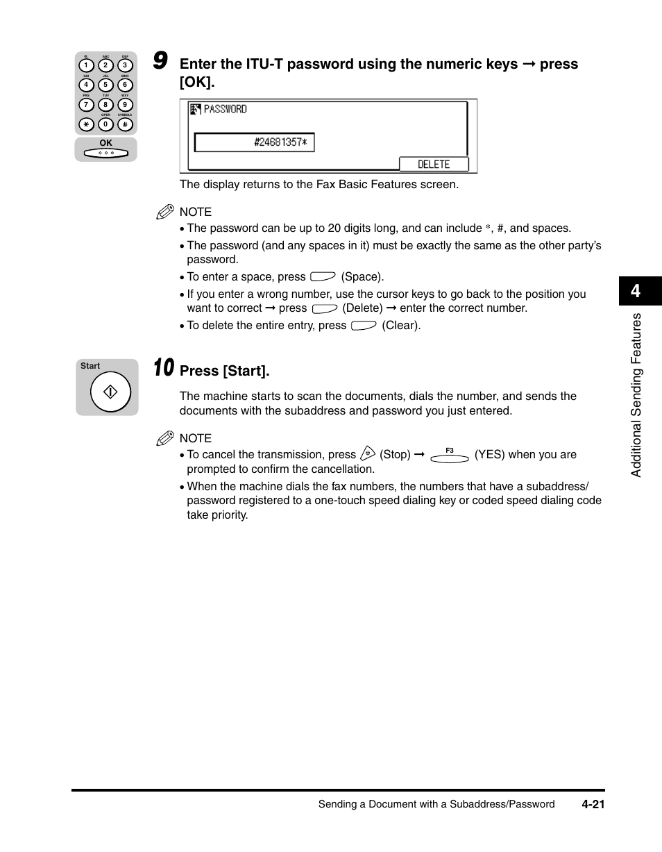 Press [start, Additional sending f eatures | Canon IMAGERUNNER 2010F User Manual | Page 144 / 382