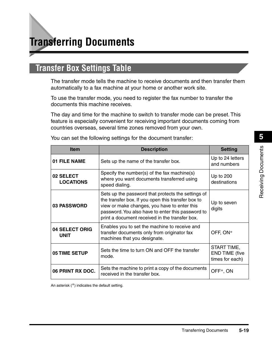 Transferring documents, Transfer box settings table, Transferring documents -19 | Transfer box settings table -19 | Canon IMAGERUNNER 2010F User Manual | Page 172 / 382