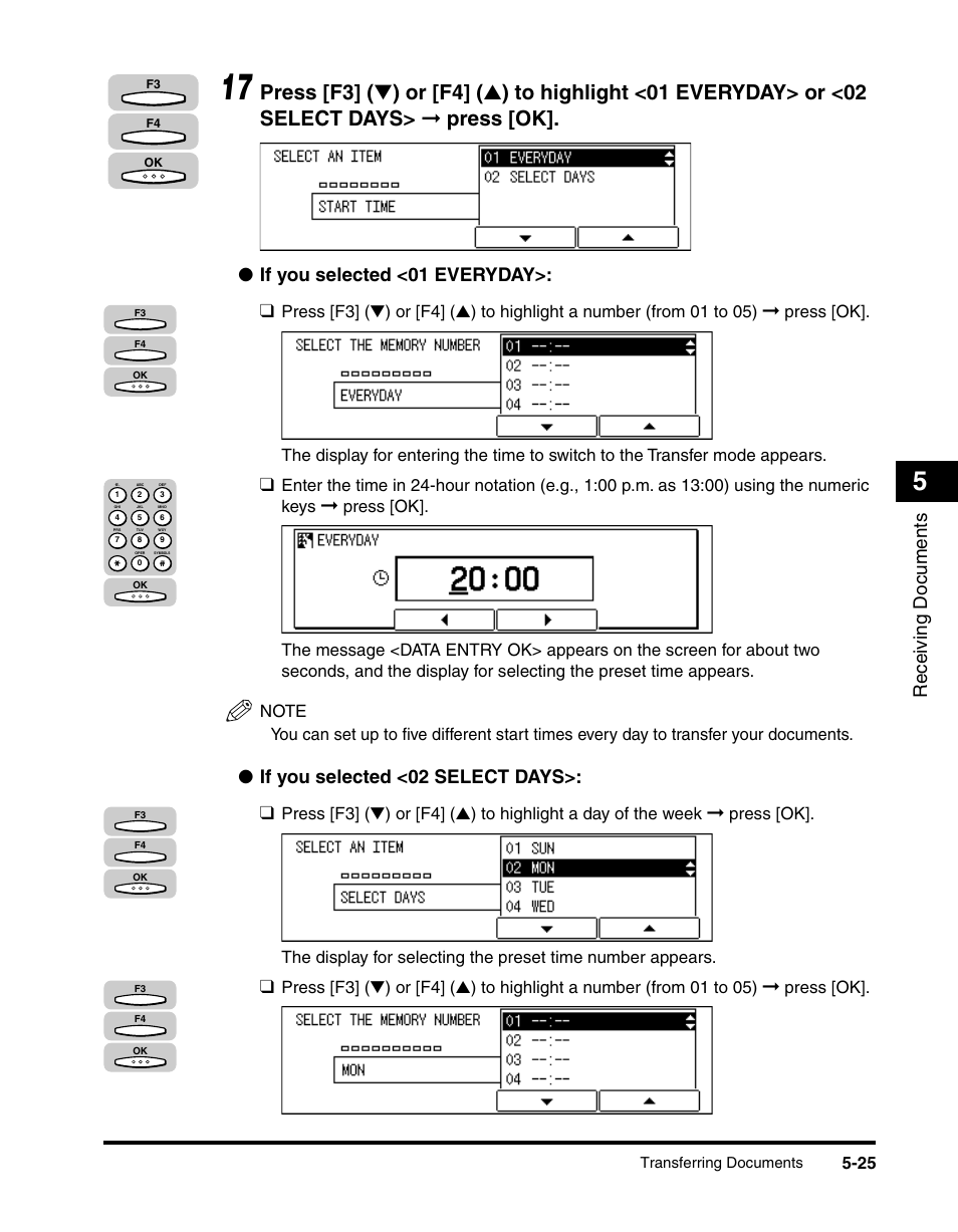 Receiving documents, If you selected <01 everyday, If you selected <02 select days | Press [ok | Canon IMAGERUNNER 2010F User Manual | Page 178 / 382