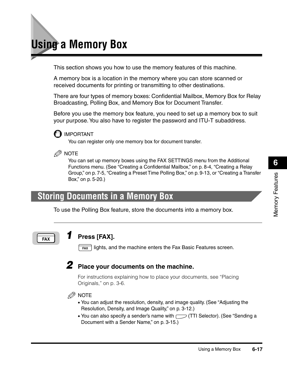 Using a memory box, Storing documents in a memory box, Using a memory box -17 | Storing documents in a memory box -17, See “using a memory box,” on p. 6-17.) | Canon IMAGERUNNER 2010F User Manual | Page 202 / 382