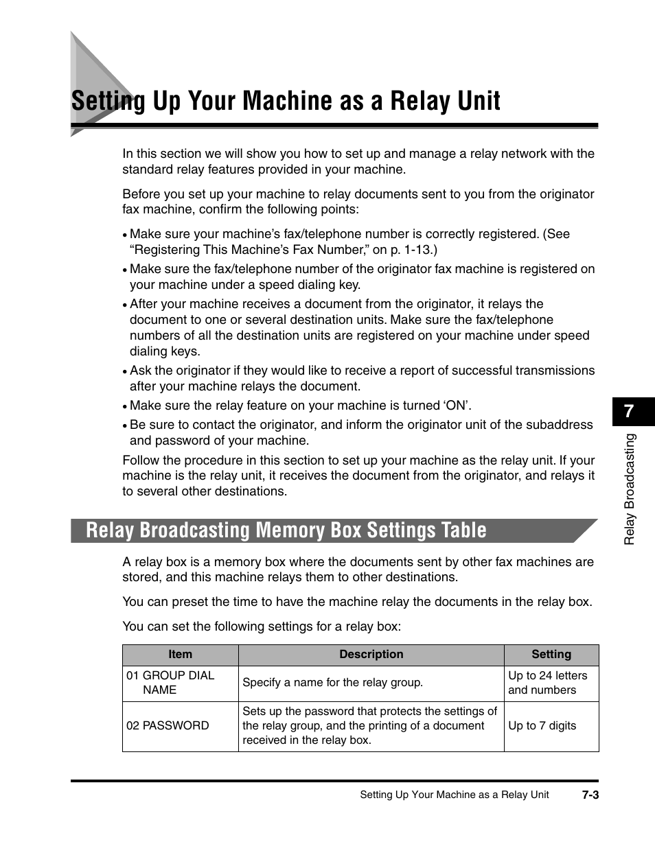Setting up your machine as a relay unit, Relay broadcasting memory box settings table, Setting up your machine as a relay unit -3 | Relay broadcasting memory box settings table -3 | Canon IMAGERUNNER 2010F User Manual | Page 210 / 382