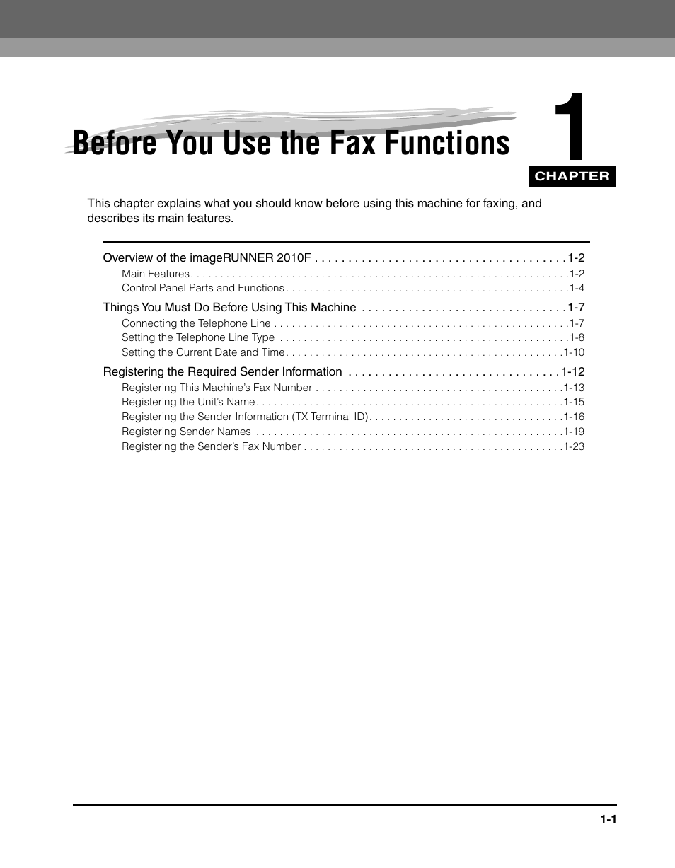 Before you use the fax functions, Chapter 1 | Canon IMAGERUNNER 2010F User Manual | Page 22 / 382
