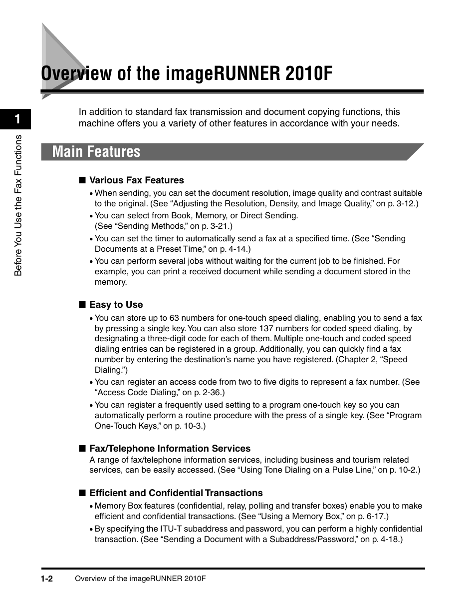 Overview of the imagerunner 2010f, Main features, Overview of the imagerunner 2010f -2 | Main features -2 | Canon IMAGERUNNER 2010F User Manual | Page 23 / 382